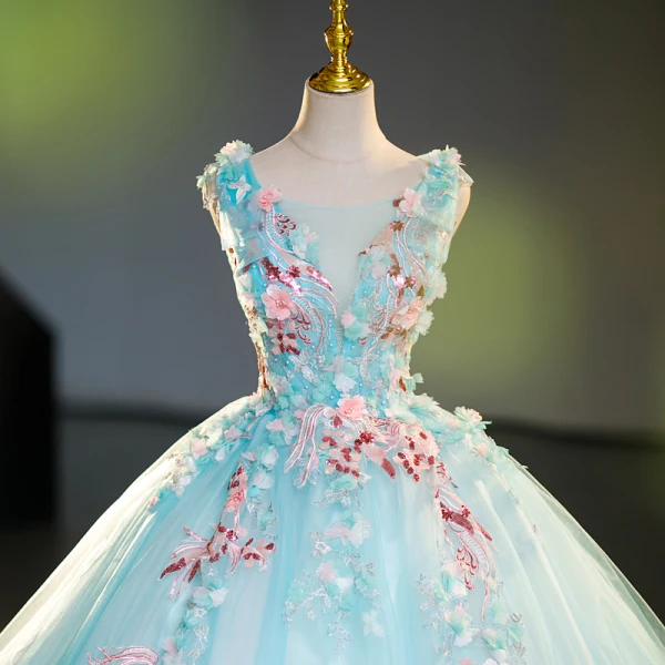 Flower Fairy Mint Green Beading Lace Flower Prom Dresses 2023 Ball Gown Scoop Neck Sleeveless Backless Floor-Length / Long Prom Formal Dresses