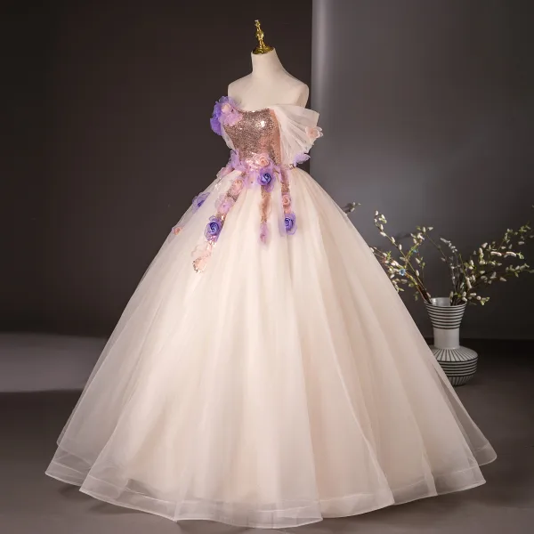 Elegant Champagne Appliques Sequins Prom Dresses 2024 Ball Gown Off-The-Shoulder Short Sleeve Backless Floor-Length / Long Prom Formal Dresses