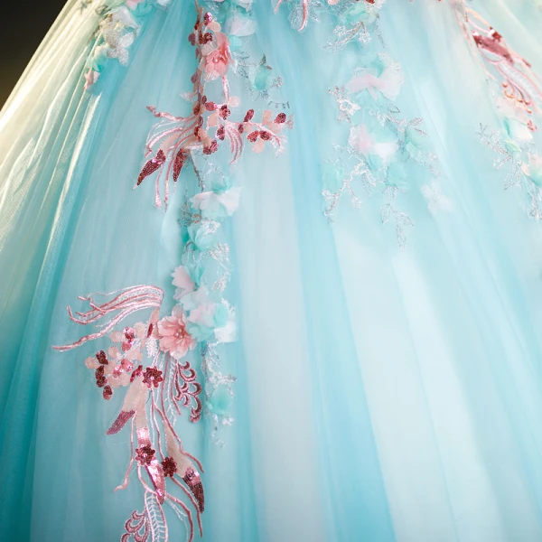 Flower Fairy Mint Green Beading Lace Flower Prom Dresses 2023 Ball Gown Scoop Neck Sleeveless Backless Floor-Length / Long Prom Formal Dresses