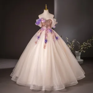 Elegant Champagne Appliques Sequins Prom Dresses 2024 Ball Gown Off The Shoulder Short Sleeve Backless Floor Length Long Prom Formal Dresses