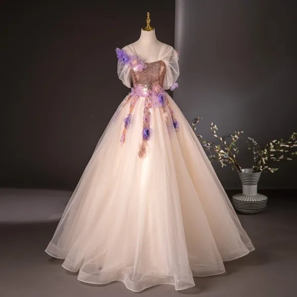 Elegant Champagne Appliques Sequins Prom Dresses 2024 Ball Gown Off-The-Shoulder Short Sleeve Backless Floor-Length / Long Prom Formal Dresses