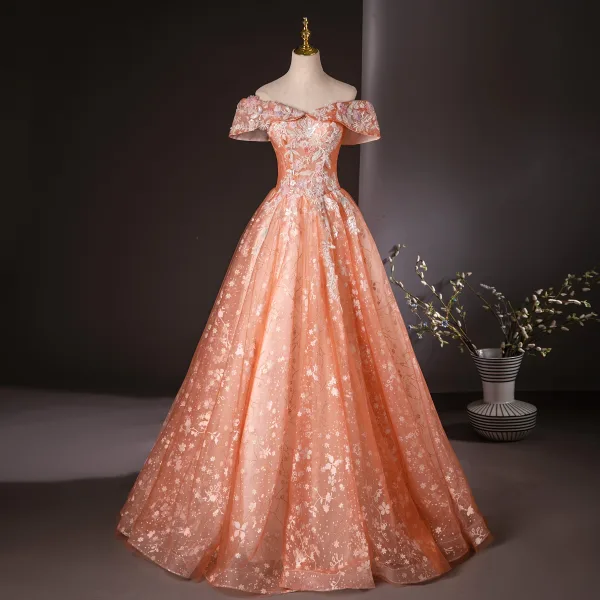 Charming Orange Appliques Beading Pearl Sequins Prom Dresses 2024 Ball Gown Off-The-Shoulder Short Sleeve Backless Floor-Length / Long Prom Formal Dresses