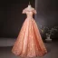 Charming Orange Appliques Beading Pearl Sequins Prom Dresses 2024 Ball Gown Off-The-Shoulder Short Sleeve Backless Floor-Length / Long Prom Formal Dresses