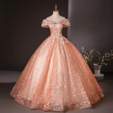 Charming Orange Appliques Beading Pearl Sequins Prom Dresses 2024 Ball Gown Off The Shoulder Short Sleeve Backless Floor Length Long Prom Formal Dresses
