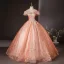 Charming Orange Appliques Beading Pearl Sequins Prom Dresses 2024 Ball Gown Off-The-Shoulder Short Sleeve Backless Floor-Length / Long Prom Formal Dresses