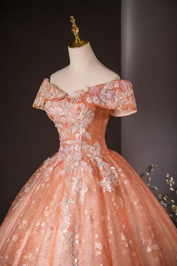 Charming Orange Appliques Beading Pearl Sequins Prom Dresses 2024 Ball Gown Off-The-Shoulder Short Sleeve Backless Floor-Length / Long Prom Formal Dresses