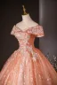 Charming Orange Appliques Beading Pearl Sequins Prom Dresses 2024 Ball Gown Off-The-Shoulder Short Sleeve Backless Floor-Length / Long Prom Formal Dresses
