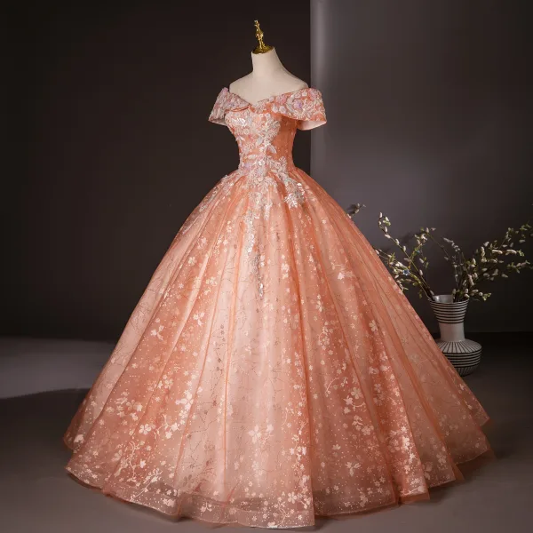 Charming Orange Appliques Beading Pearl Sequins Prom Dresses 2024 Ball Gown Off-The-Shoulder Short Sleeve Backless Floor-Length / Long Prom Formal Dresses
