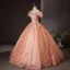 Charming Orange Appliques Beading Pearl Sequins Prom Dresses 2024 Ball Gown Off-The-Shoulder Short Sleeve Backless Floor-Length / Long Prom Formal Dresses