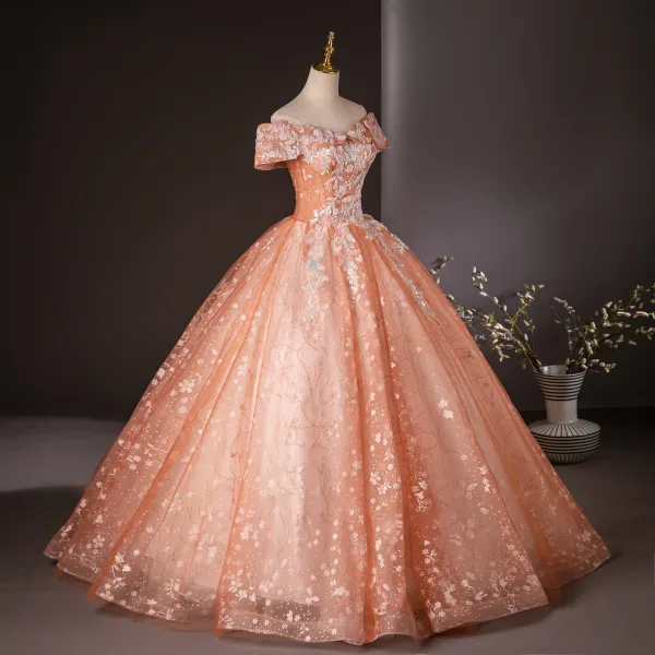 Charming Orange Appliques Beading Pearl Sequins Prom Dresses 2024 Ball Gown Off-The-Shoulder Short Sleeve Backless Floor-Length / Long Prom Formal Dresses