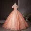 Charming Orange Appliques Beading Pearl Sequins Prom Dresses 2024 Ball Gown Off-The-Shoulder Short Sleeve Backless Floor-Length / Long Prom Formal Dresses