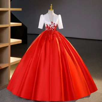Elegant Red Beading Sequins Lace Flower Prom Dresses 2023 Ball Gown Satin Scoop Neck Short Sleeve Floor Length Long Prom Formal Dresses