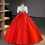 Elegant Red Beading Sequins Lace Flower Prom Dresses 2023 Ball Gown Satin Scoop Neck Short Sleeve Floor-Length / Long Prom Formal Dresses