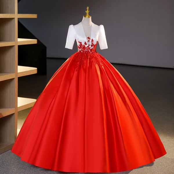 Elegant Red Beading Sequins Lace Flower Prom Dresses 2023 Ball Gown Satin Scoop Neck