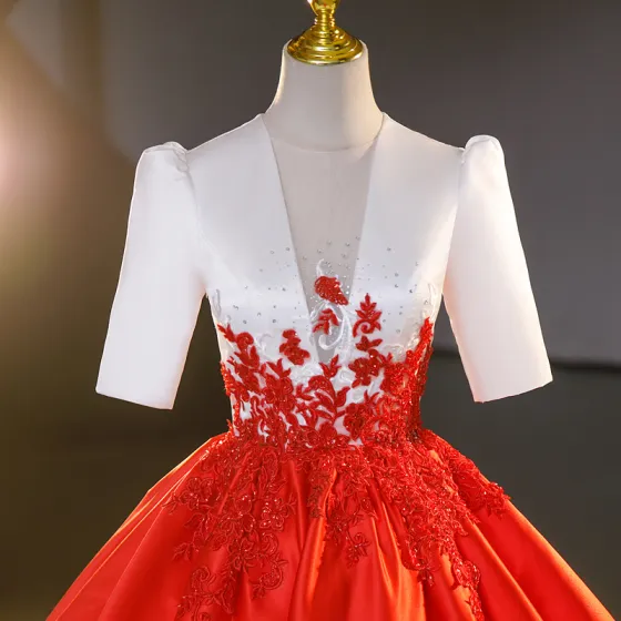 Elegant Red Beading Sequins Lace Flower Prom Dresses 2023 Ball Gown Satin Scoop Neck Short Sleeve Floor-Length / Long Prom Formal Dresses