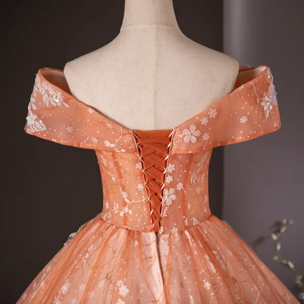 Charming Orange Appliques Beading Pearl Sequins Prom Dresses 2024 Ball Gown Off-The-Shoulder Short Sleeve Backless Floor-Length / Long Prom Formal Dresses