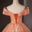 Charming Orange Appliques Beading Pearl Sequins Prom Dresses 2024 Ball Gown Off-The-Shoulder Short Sleeve Backless Floor-Length / Long Prom Formal Dresses