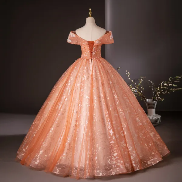 Charming Orange Appliques Beading Pearl Sequins Prom Dresses 2024 Ball Gown Off-The-Shoulder Short Sleeve Backless Floor-Length / Long Prom Formal Dresses