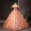 Charming Orange Appliques Beading Pearl Sequins Prom Dresses 2024 Ball Gown Off-The-Shoulder Short Sleeve Backless Floor-Length / Long Prom Formal Dresses