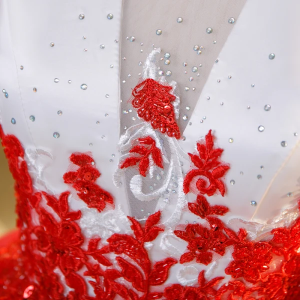 Elegant Red Beading Sequins Lace Flower Prom Dresses 2023 Ball Gown Satin Scoop Neck Short Sleeve Floor-Length / Long Prom Formal Dresses