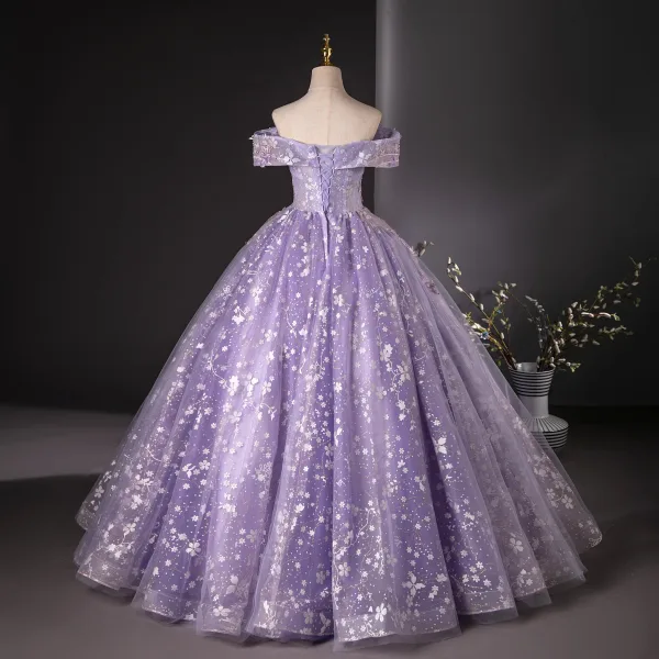 Flower Fairy Lavender Beading Sequins Pearl Appliques Prom Dresses 2024 Ball Gown Off-The-Shoulder Sleeveless Backless Floor-Length / Long Prom Formal Dresses