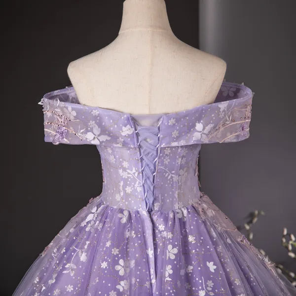 Flower Fairy Lavender Beading Sequins Pearl Appliques Prom Dresses 2024 Ball Gown Off-The-Shoulder Sleeveless Backless Floor-Length / Long Prom Formal Dresses
