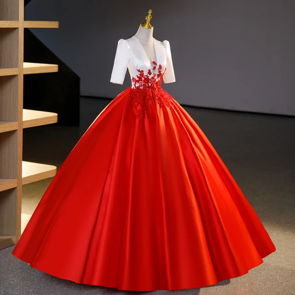 Elegant Red Beading Sequins Lace Flower Prom Dresses 2023 Ball Gown Satin Scoop Neck Short Sleeve Floor-Length / Long Prom Formal Dresses
