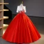 Elegant Red Beading Sequins Lace Flower Prom Dresses 2023 Ball Gown Satin Scoop Neck Short Sleeve Floor-Length / Long Prom Formal Dresses