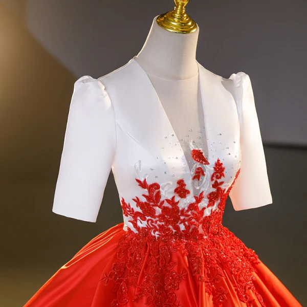 Elegant Red Beading Sequins Lace Flower Prom Dresses 2023 Ball Gown Satin Scoop Neck Short Sleeve Floor-Length / Long Prom Formal Dresses