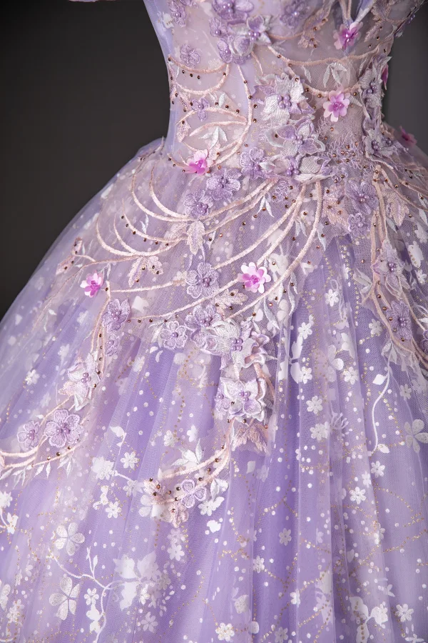 Flower Fairy Lavender Beading Sequins Pearl Appliques Prom Dresses 2024 Ball Gown Off-The-Shoulder Sleeveless Backless Floor-Length / Long Prom Formal Dresses