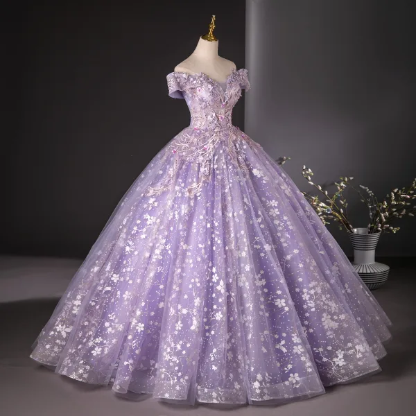 Flower Fairy Lavender Beading Sequins Pearl Appliques Prom Dresses 2024 Ball Gown Off-The-Shoulder Sleeveless Backless Floor-Length / Long Prom Formal Dresses