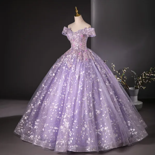 Flower Fairy Lavender Beading Sequins Pearl Appliques Prom Dresses 2024 Ball Gown Off-The-Shoulder Sleeveless Backless Floor-Length / Long Prom Formal Dresses