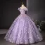 Flower Fairy Lavender Beading Sequins Pearl Appliques Prom Dresses 2024 Ball Gown Off-The-Shoulder Sleeveless Backless Floor-Length / Long Prom Formal Dresses