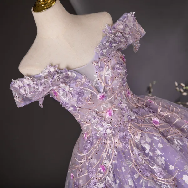 Flower Fairy Lavender Beading Sequins Pearl Appliques Prom Dresses 2024 Ball Gown Off-The-Shoulder Sleeveless Backless Floor-Length / Long Prom Formal Dresses