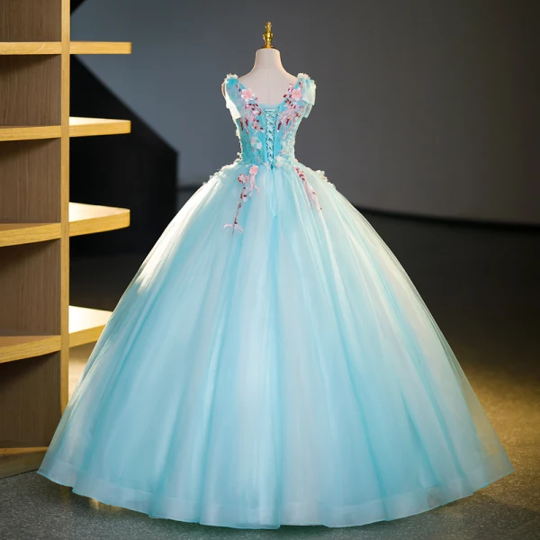 Flower Fairy Mint Green Beading Lace Flower Prom Dresses 2023 Ball Gown Scoop Neck Sleeveless Backless Floor-Length / Long Prom Formal Dresses