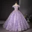 Flower Fairy Lavender Beading Sequins Pearl Appliques Prom Dresses 2024 Ball Gown Off-The-Shoulder Sleeveless Backless Floor-Length / Long Prom Formal Dresses