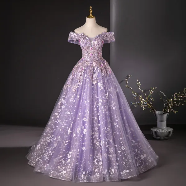 Flower Fairy Lavender Beading Sequins Pearl Appliques Prom Dresses 2024 Ball Gown Off-The-Shoulder Sleeveless Backless Floor-Length / Long Prom Formal Dresses