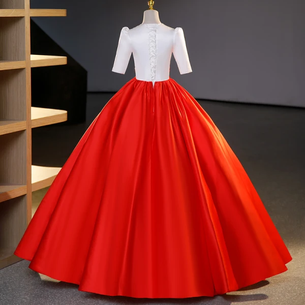 Elegant Red Beading Sequins Lace Flower Prom Dresses 2023 Ball Gown Satin Scoop Neck Short Sleeve Floor-Length / Long Prom Formal Dresses
