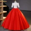 Elegant Red Beading Sequins Lace Flower Prom Dresses 2023 Ball Gown Satin Scoop Neck Short Sleeve Floor-Length / Long Prom Formal Dresses