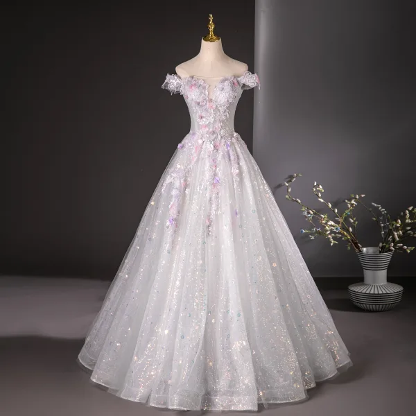 Flower Fairy White Appliques Beading Pearl Sequins Ball Gown Prom Dresses 2024 Off-The-Shoulder Sleeveless Backless Floor-Length / Long Prom Formal Dresses