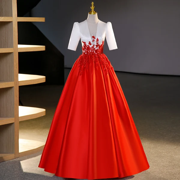 Elegant Red Beading Sequins Lace Flower Prom Dresses 2023 Ball Gown Satin Scoop Neck Short Sleeve Floor-Length / Long Prom Formal Dresses