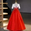 Elegant Red Beading Sequins Lace Flower Prom Dresses 2023 Ball Gown Satin Scoop Neck Short Sleeve Floor-Length / Long Prom Formal Dresses