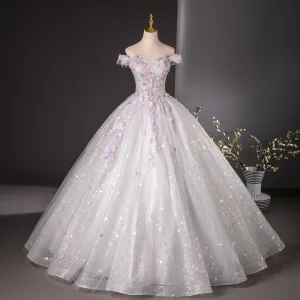 Flower Fairy White Appliques Beading Pearl Sequins Ball Gown Prom Dresses 2024 Off The Shoulder Sleeveless Backless Floor Length Long Prom Formal Dresses