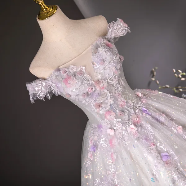 Flower Fairy White Appliques Beading Pearl Sequins Ball Gown Prom Dresses 2024 Off-The-Shoulder Sleeveless Backless Floor-Length / Long Prom Formal Dresses
