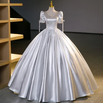 Fashion Silver Beading Sequins Glitter Prom Dresses 2023 Ball Gown Satin Square Neckline Short Sleeve Backless Floor Length Long Prom Formal Dresses
