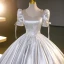 Fashion Silver Beading Sequins Glitter Prom Dresses 2023 Ball Gown Satin Square Neckline Short Sleeve Backless Floor-Length / Long Prom Formal Dresses