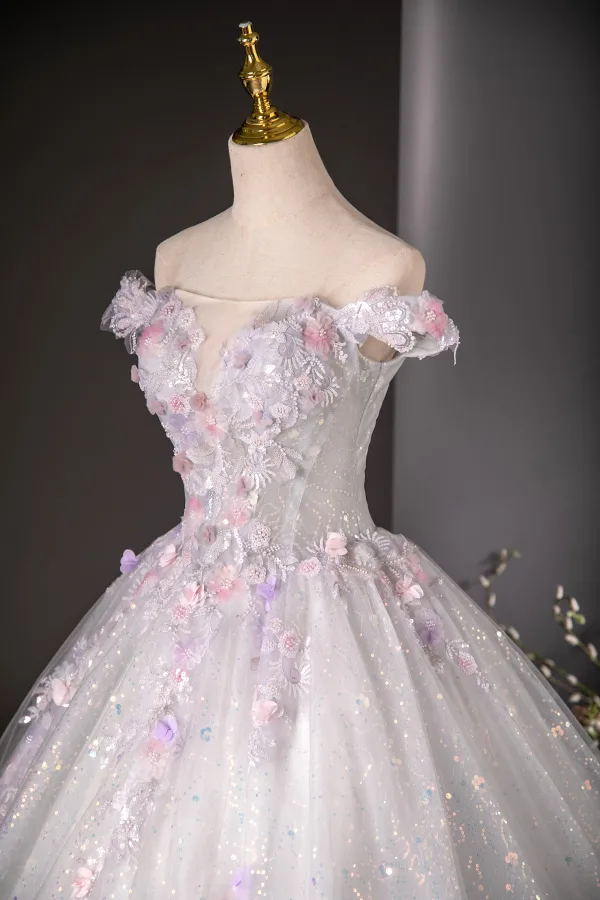 Flower Fairy White Appliques Beading Pearl Sequins Ball Gown Prom Dresses 2024 Off-The-Shoulder Sleeveless Backless Floor-Length / Long Prom Formal Dresses