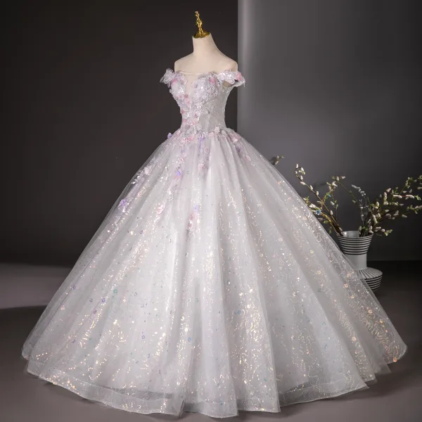 Flower Fairy White Appliques Beading Pearl Sequins Ball Gown Prom Dresses 2024 Off-The-Shoulder Sleeveless Backless Floor-Length / Long Prom Formal Dresses