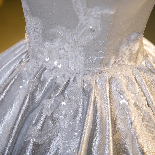 Fashion Silver Beading Sequins Glitter Prom Dresses 2023 Ball Gown Satin Square Neckline Short Sleeve Backless Floor-Length / Long Prom Formal Dresses