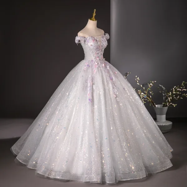 Flower Fairy White Appliques Beading Pearl Sequins Ball Gown Prom Dresses 2024 Off-The-Shoulder Sleeveless Backless Floor-Length / Long Prom Formal Dresses